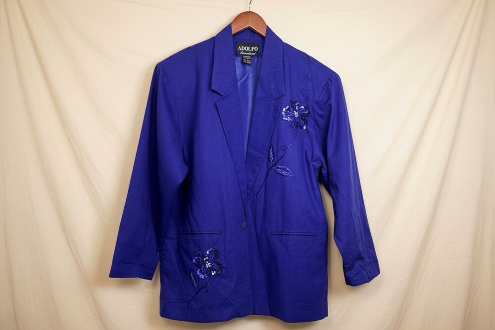 Vintage Adolfo Int’l Linen Blend Blazer L Purple Embroidered Floral Beaded